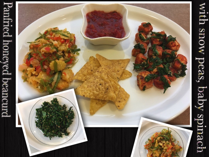 Pan fried honeyed bean curd with snow peas and baby spinach {193}